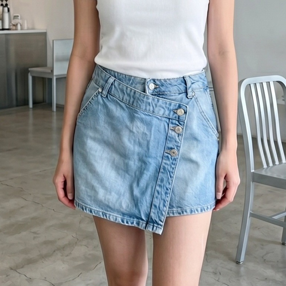 Free People 28 Womens Blue Denim Button Front Asymmetrical Micro Mini Skirt